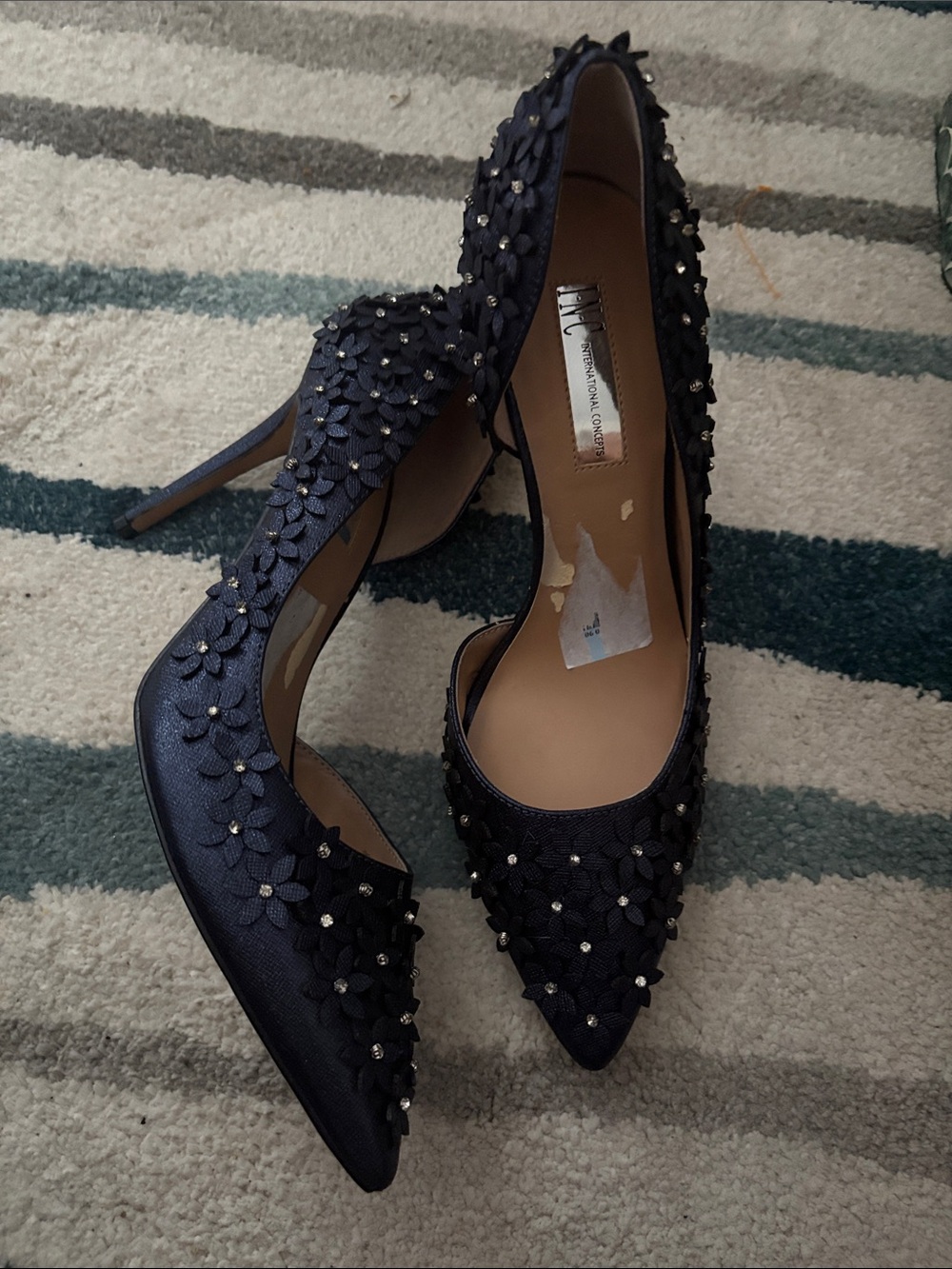 INC International Concepts Navy Floral Appliqué Pointed Pumps with Rhinestones